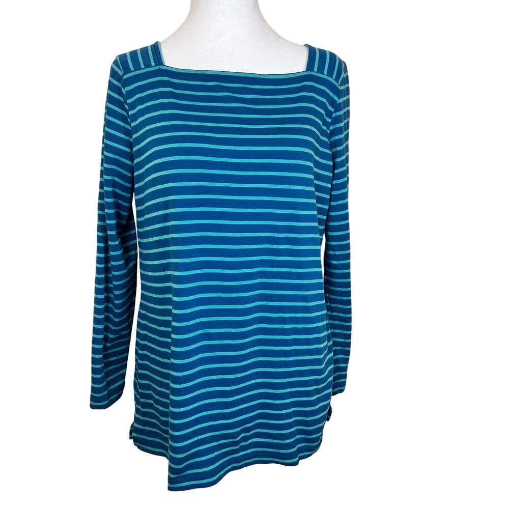 L.L. Bean 100% Pima Cotton Square Neck Long Sleeve Top Blue Turquoise Stripe MED